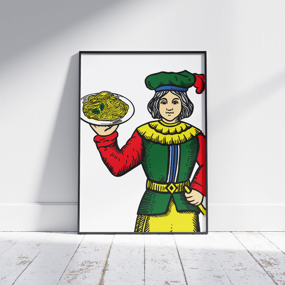 Figura femminile ispirata alle carte napoletane Modiano che tiene un piatto di pasta, illustrazione grafica colorata dedicata alla cucina tradizionale e alla cultura napoletana