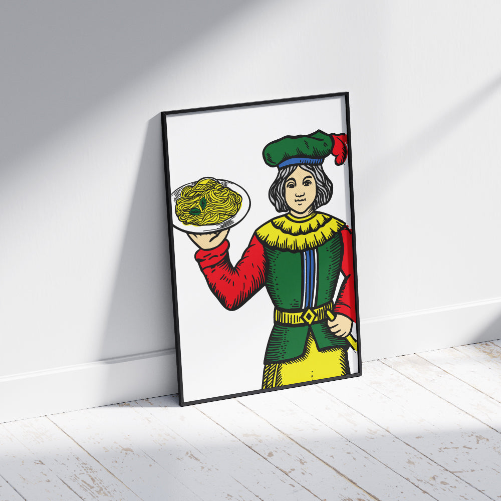 Figura femminile ispirata alle carte napoletane Modiano che tiene un piatto di pasta, illustrazione grafica colorata dedicata alla cucina tradizionale e alla cultura napoletana