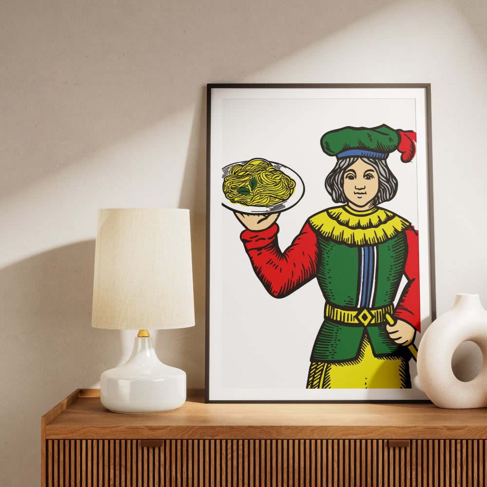 Figura femminile ispirata alle carte napoletane Modiano che tiene un piatto di pasta, illustrazione grafica colorata dedicata alla cucina tradizionale e alla cultura napoletana