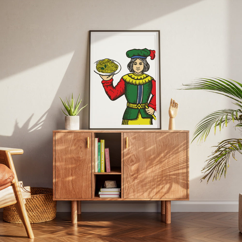Figura femminile ispirata alle carte napoletane Modiano che tiene un piatto di pasta, illustrazione grafica colorata dedicata alla cucina tradizionale e alla cultura napoletana