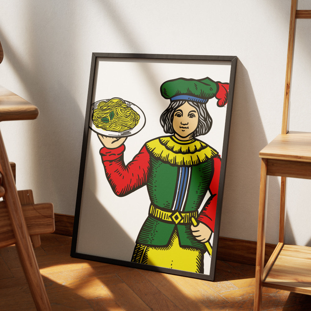 Figura femminile ispirata alle carte napoletane Modiano che tiene un piatto di pasta, illustrazione grafica colorata dedicata alla cucina tradizionale e alla cultura napoletana