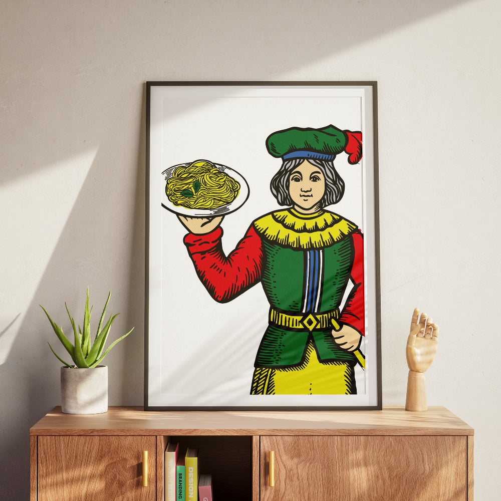 Figura femminile ispirata alle carte napoletane Modiano che tiene un piatto di pasta, illustrazione grafica colorata dedicata alla cucina tradizionale e alla cultura napoletana