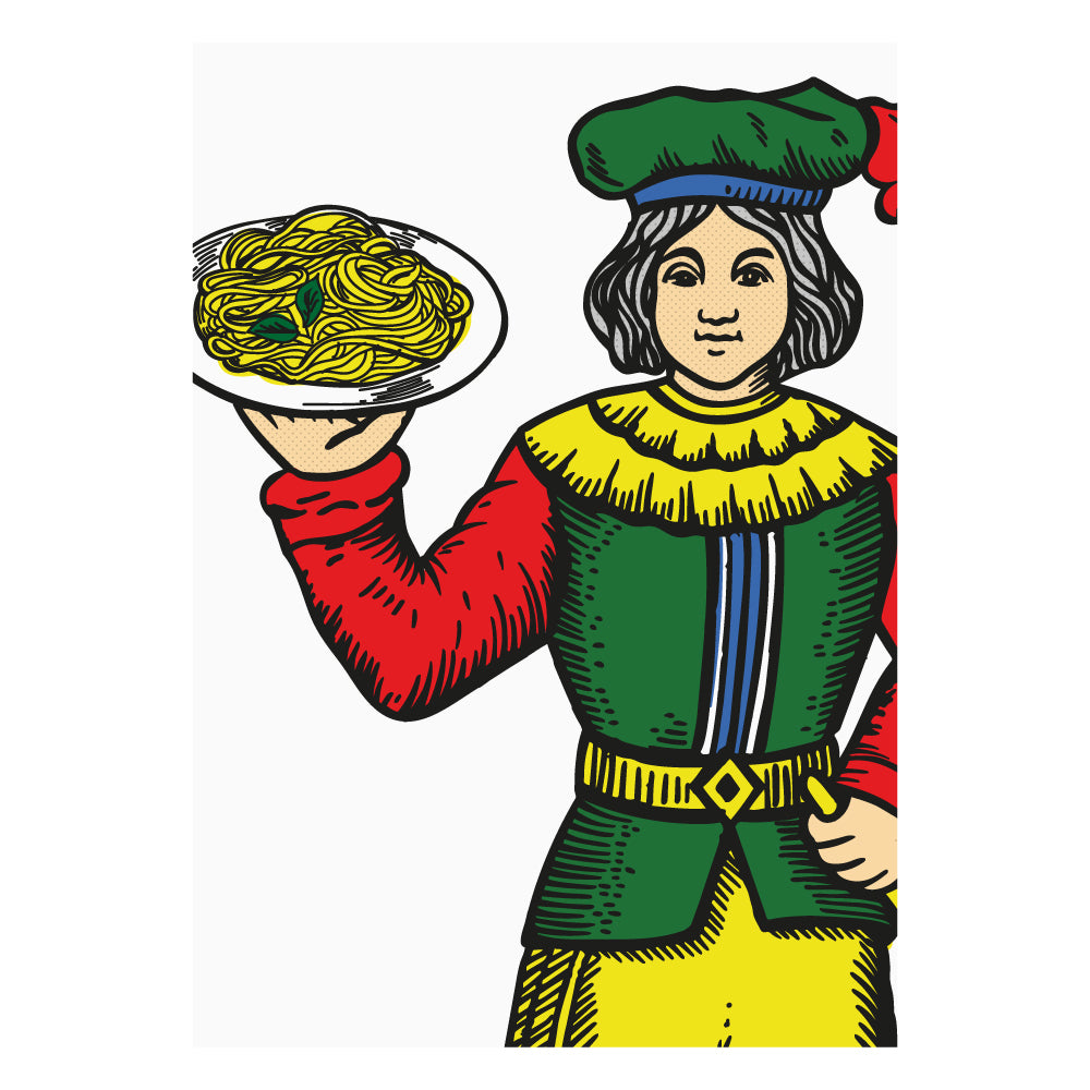 Figura femminile ispirata alle carte napoletane Modiano che tiene un piatto di pasta, illustrazione grafica colorata dedicata alla cucina tradizionale e alla cultura napoletana
