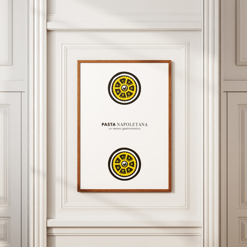 Poster artistico con illustrazione di due ruote di pasta, ispirato alle carte napoletane Modiano, omaggio al patrimonio gastronomico campano.