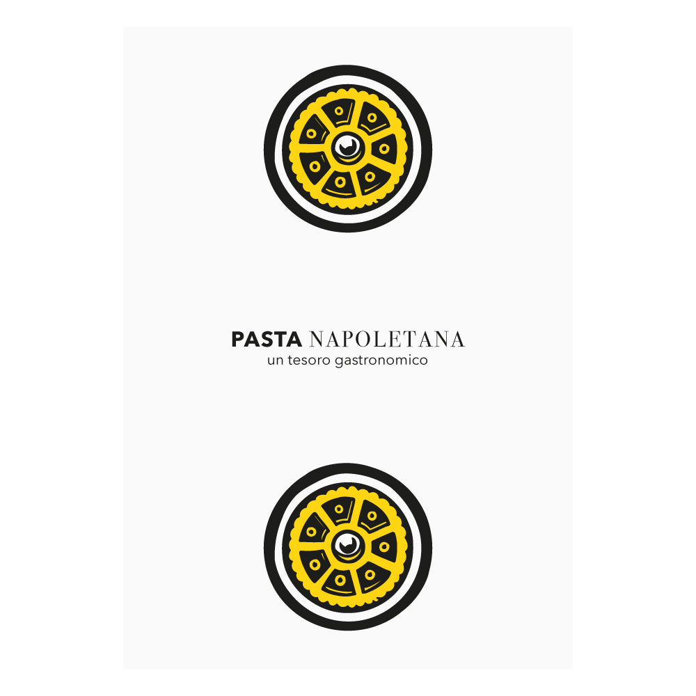 Poster artistico con illustrazione di due ruote di pasta, ispirato alle carte napoletane Modiano, omaggio al patrimonio gastronomico campano.