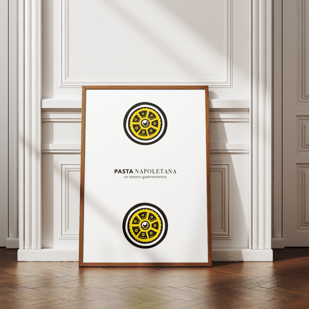 Poster artistico con illustrazione di due ruote di pasta, ispirato alle carte napoletane Modiano, omaggio al patrimonio gastronomico campano.