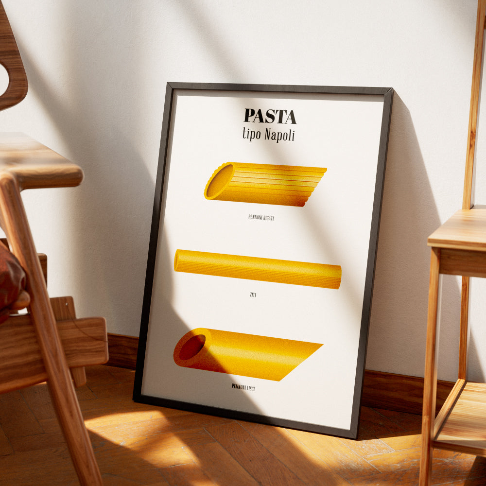 Poster illustrato Pasta tipo Napoli con pennoni rigati ziti e pennoni lisci design minimale su sfondo chiaro ispirato alla cucina napoletana