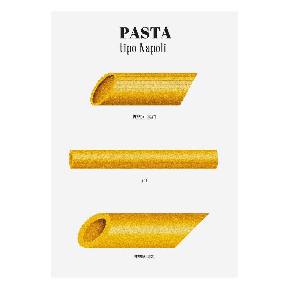 Poster illustrato Pasta tipo Napoli con pennoni rigati ziti e pennoni lisci design minimale su sfondo chiaro ispirato alla cucina napoletana