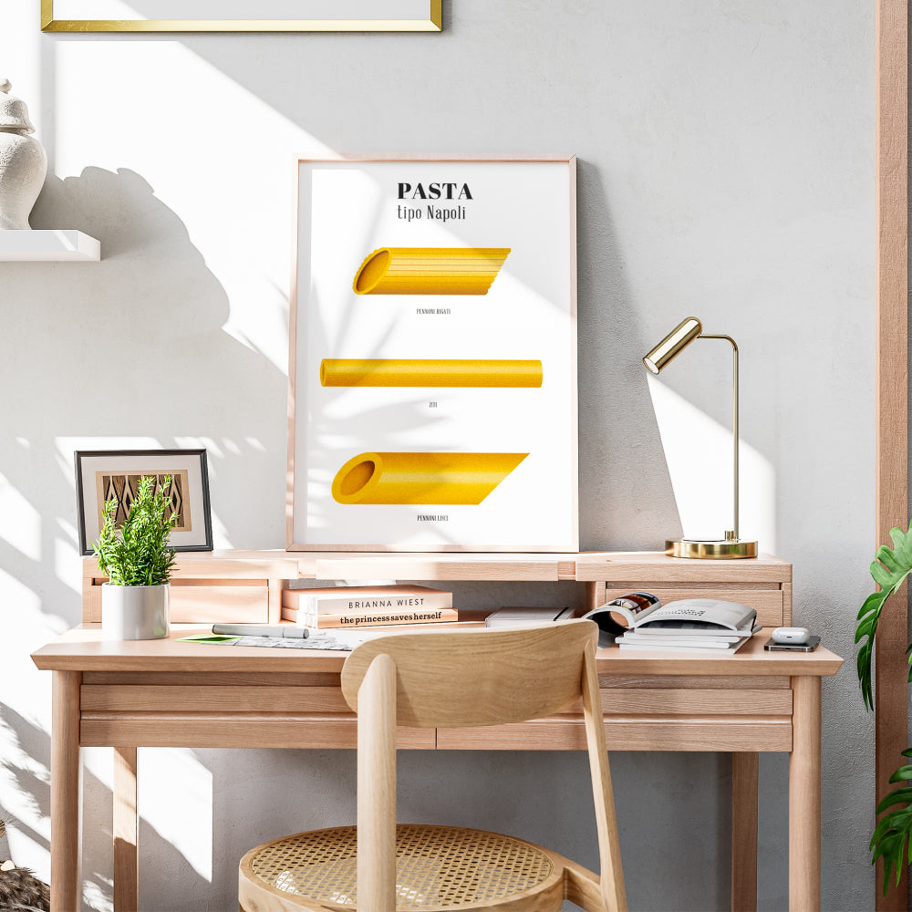 Poster illustrato Pasta tipo Napoli con pennoni rigati ziti e pennoni lisci design minimale su sfondo chiaro ispirato alla cucina napoletana