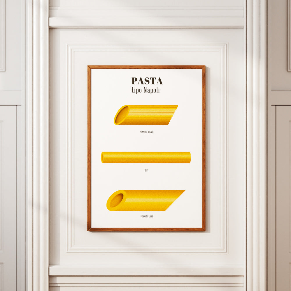 Poster illustrato Pasta tipo Napoli con pennoni rigati ziti e pennoni lisci design minimale su sfondo chiaro ispirato alla cucina napoletana