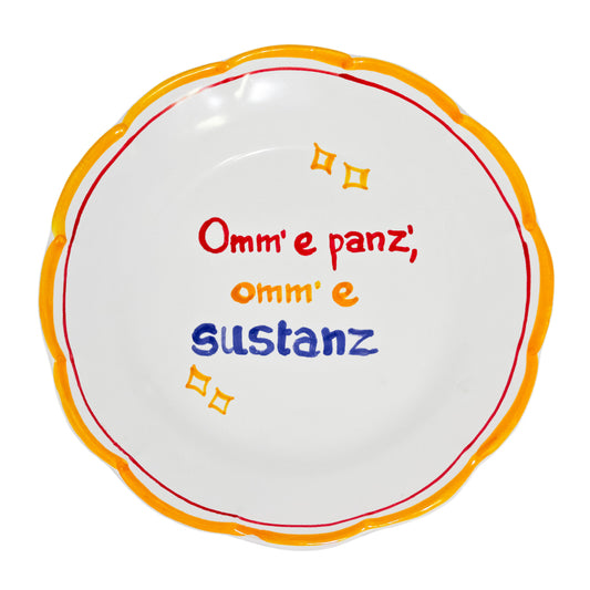 Piatto artigianale napoletano in terracotta di pasta rossa smaltata con proverbio dipinto a mano decorazione tavola tradizione Napoli