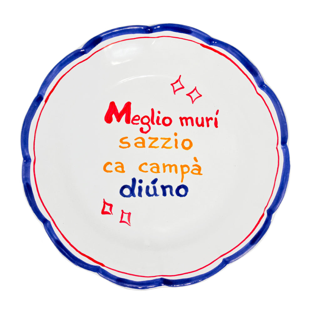 Piatto artigianale napoletano in terracotta smaltata con proverbio sul cibo e convivialita decorazione tavola fatta a mano