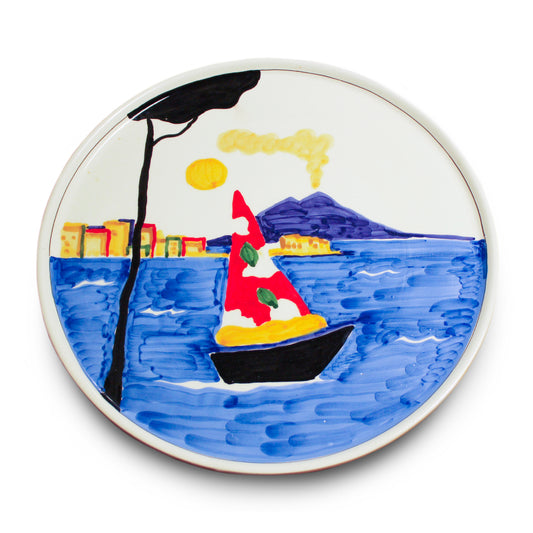 Piatto da pizza artigianale in terracotta smaltata dipinto a mano con scena del Golfo di Napoli  diametro 30 cm  uso alimentare