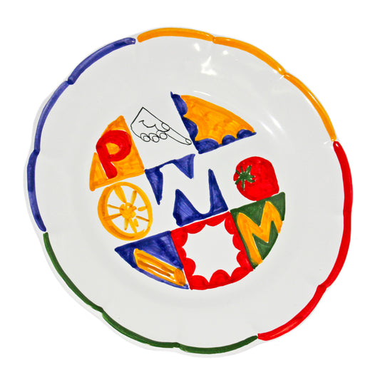 Piatto artigianale in terracotta di pasta rossa smaltata dipinto a mano con simboli colorati della tradizione napoletana come la N di Napoli  la M del mercato  la P di pizza e pasta, ruota di carro, pomodoro e motivi geometrici vivaci.
