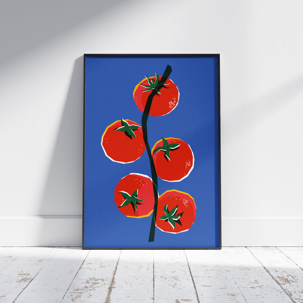 Poster artistico con ramo di Pomodorini del Piennolo del Vesuvio grafica pop su sfondo blu   omaggio alla tradizione napoletana.