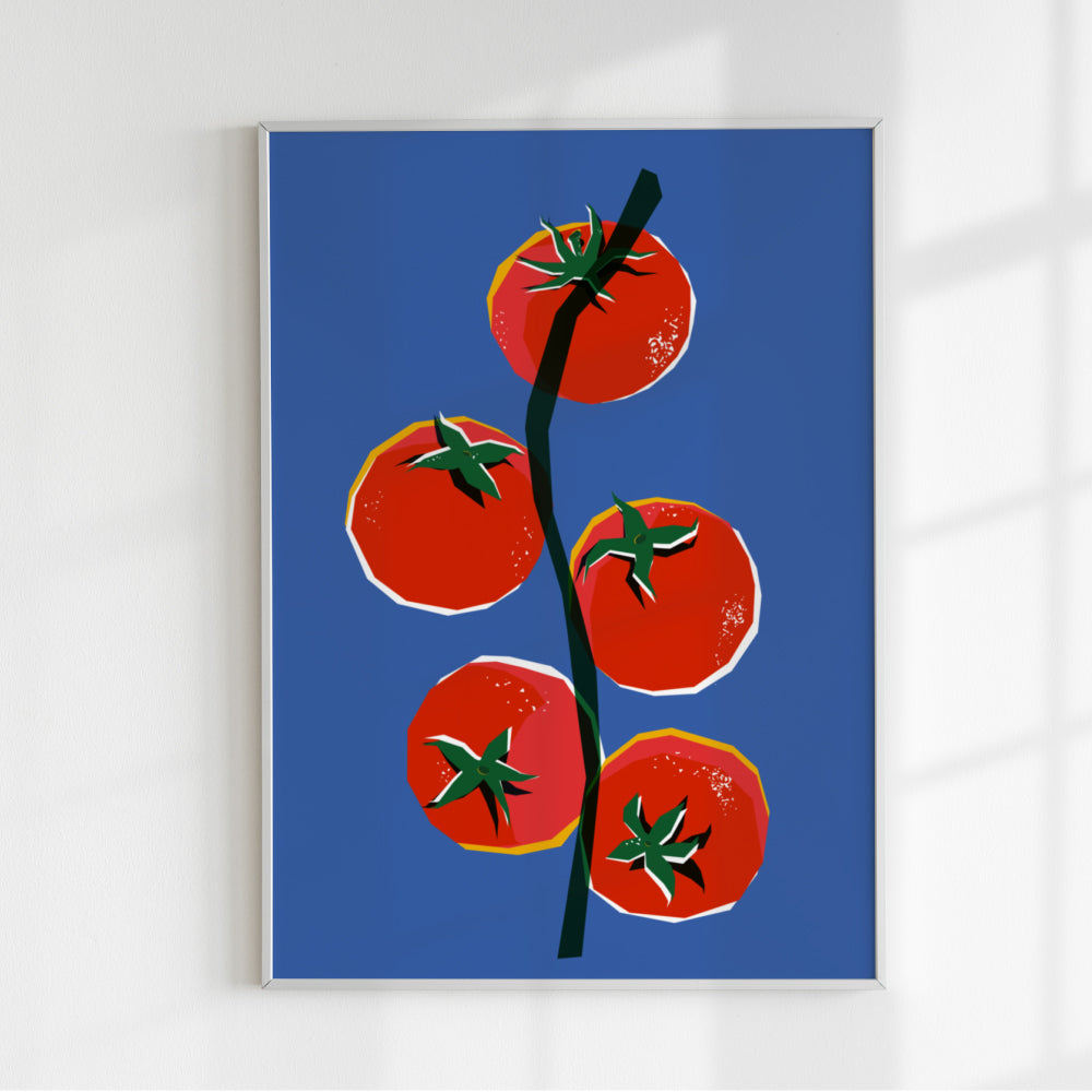 Poster artistico con ramo di Pomodorini del Piennolo del Vesuvio grafica pop su sfondo blu   omaggio alla tradizione napoletana.