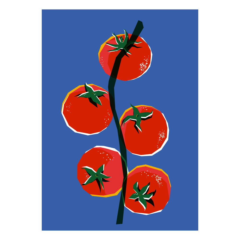 Poster artistico con ramo di Pomodorini del Piennolo del Vesuvio grafica pop su sfondo blu   omaggio alla tradizione napoletana.