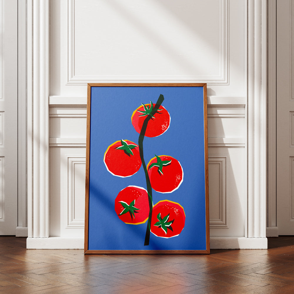 Poster artistico con ramo di Pomodorini del Piennolo del Vesuvio grafica pop su sfondo blu   omaggio alla tradizione napoletana.
