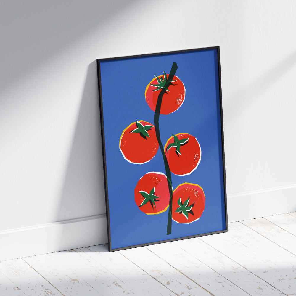 Poster artistico con ramo di Pomodorini del Piennolo del Vesuvio grafica pop su sfondo blu   omaggio alla tradizione napoletana.