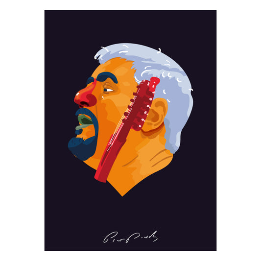 Poster artistico dedicato a Pino Daniele con ritratto illustrato e chitarra, ispirato alla sua musica, a Napoli e alla cultura partenopea.