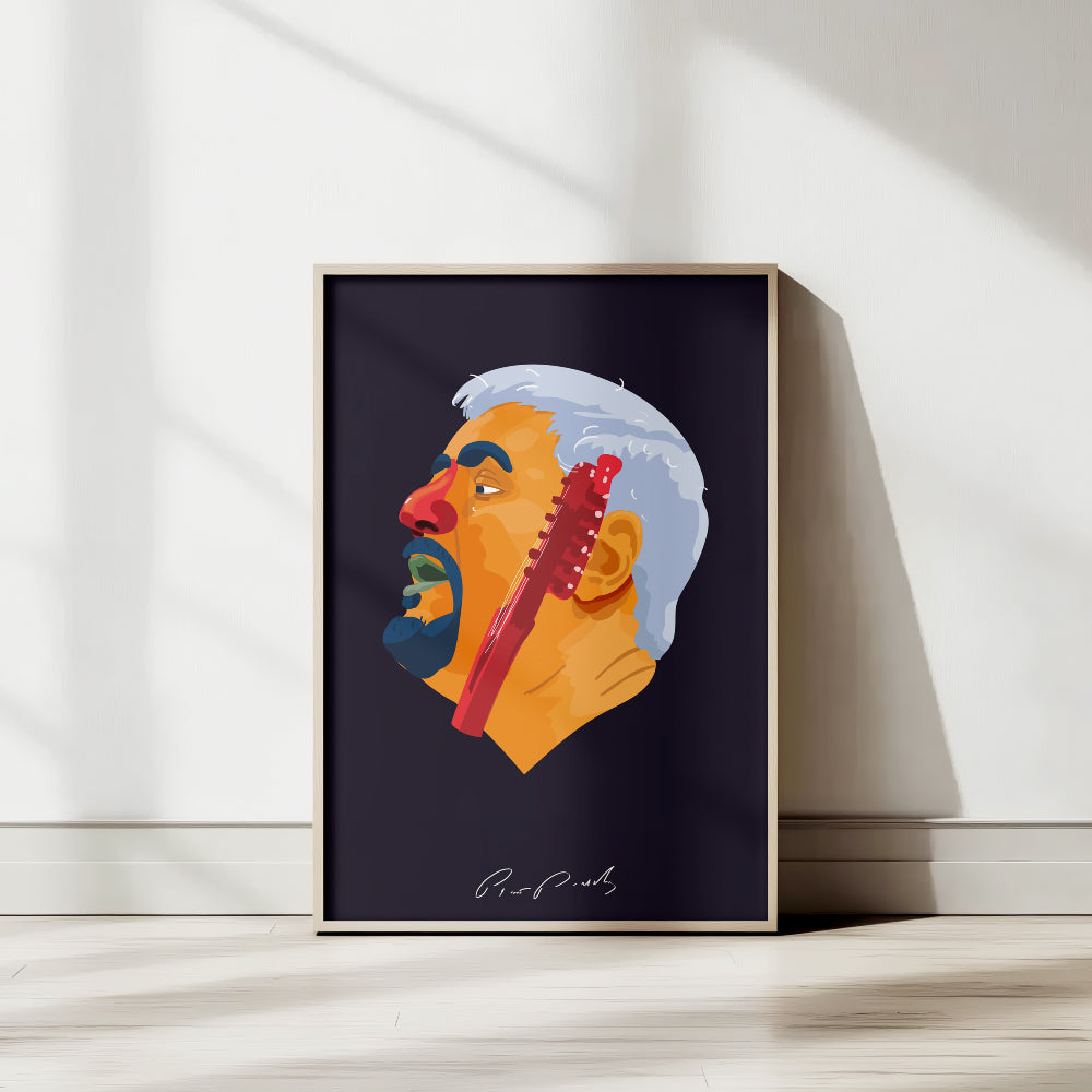 Poster artistico dedicato a Pino Daniele con ritratto illustrato e chitarra, ispirato alla sua musica, a Napoli e alla cultura partenopea.