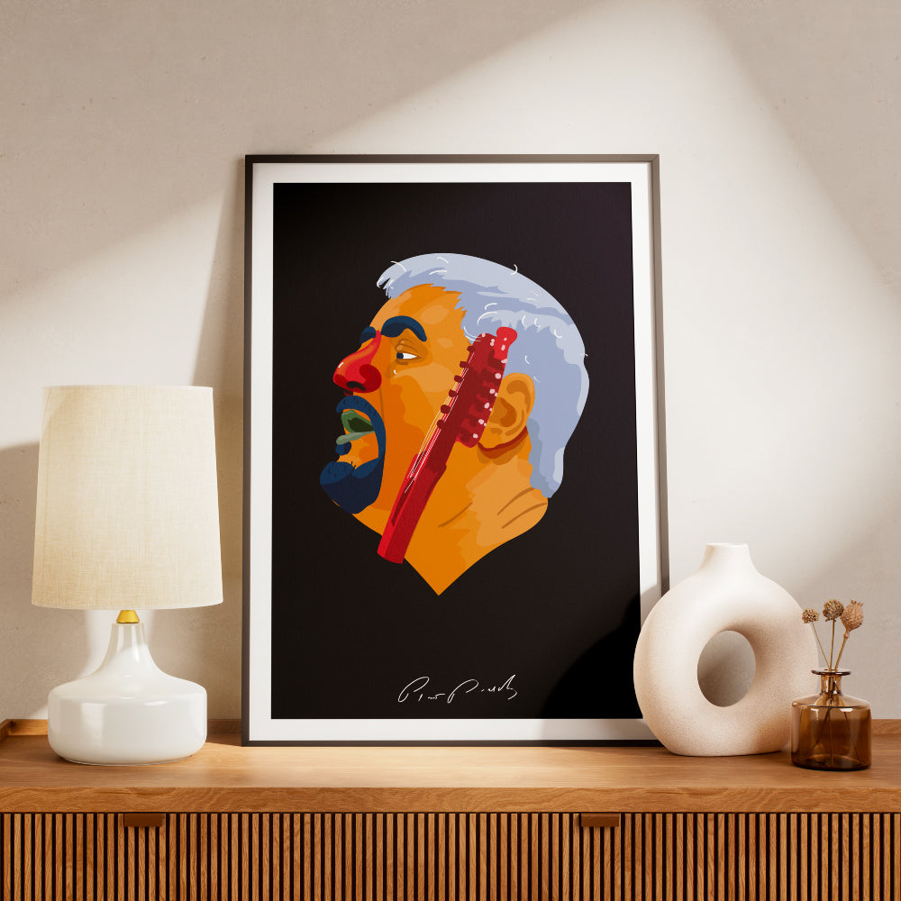 Poster artistico dedicato a Pino Daniele con ritratto illustrato e chitarra, ispirato alla sua musica, a Napoli e alla cultura partenopea.