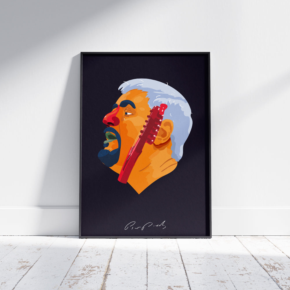 Poster artistico dedicato a Pino Daniele con ritratto illustrato e chitarra, ispirato alla sua musica, a Napoli e alla cultura partenopea.