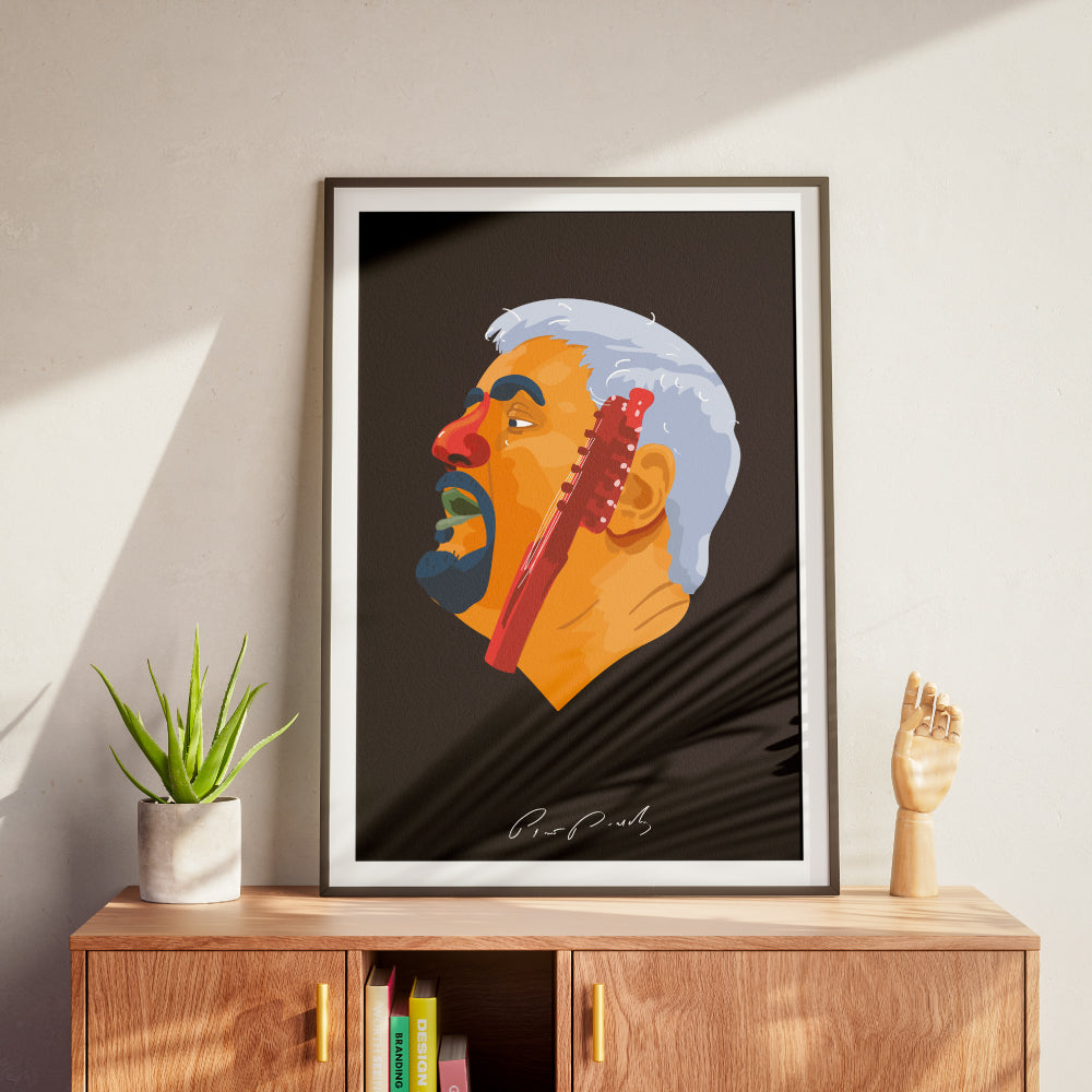 Poster artistico dedicato a Pino Daniele con ritratto illustrato e chitarra, ispirato alla sua musica, a Napoli e alla cultura partenopea.
