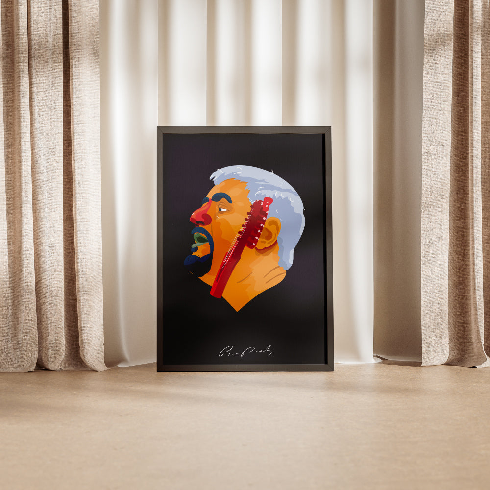 Poster artistico dedicato a Pino Daniele con ritratto illustrato e chitarra, ispirato alla sua musica, a Napoli e alla cultura partenopea.