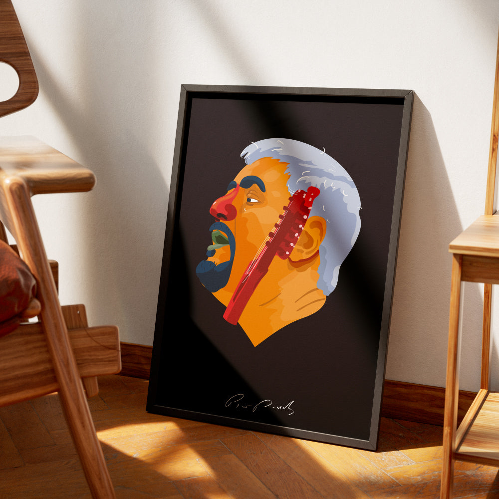 Poster artistico dedicato a Pino Daniele con ritratto illustrato e chitarra, ispirato alla sua musica, a Napoli e alla cultura partenopea.