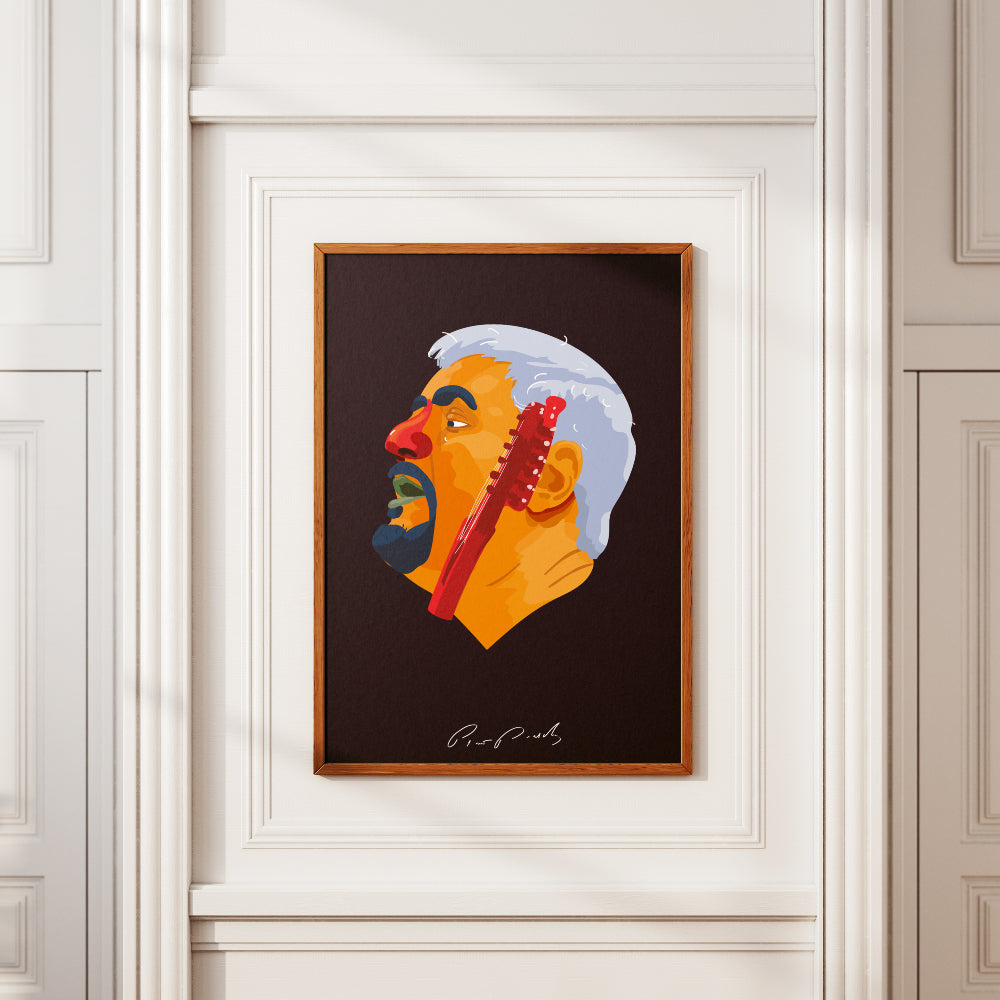 Poster artistico dedicato a Pino Daniele con ritratto illustrato e chitarra, ispirato alla sua musica, a Napoli e alla cultura partenopea.