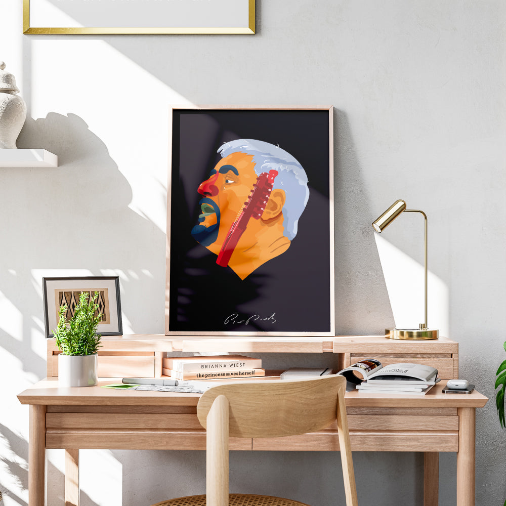 Poster artistico dedicato a Pino Daniele con ritratto illustrato e chitarra, ispirato alla sua musica, a Napoli e alla cultura partenopea.