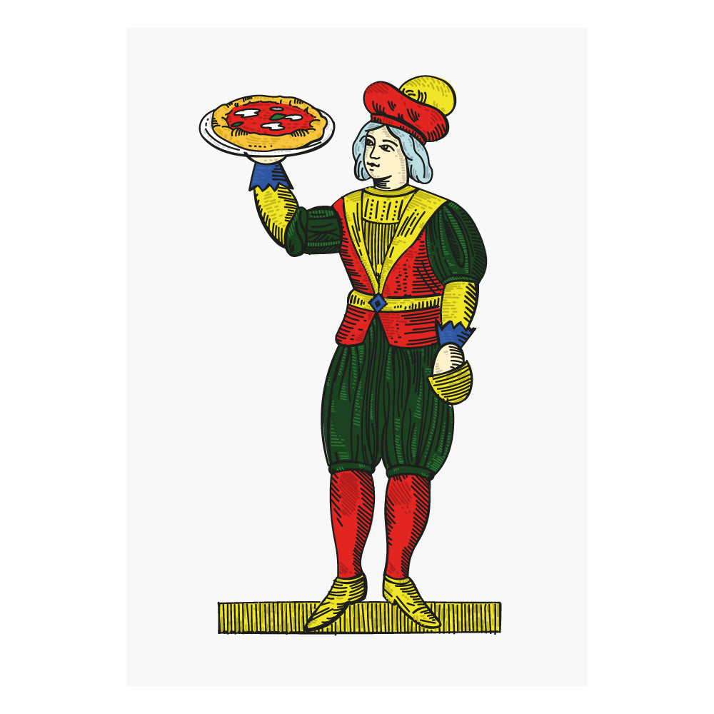 Rivisitazione illustrata dell 8 di denari delle carte napoletane Modiano, con figura femminile che regge una pizza.