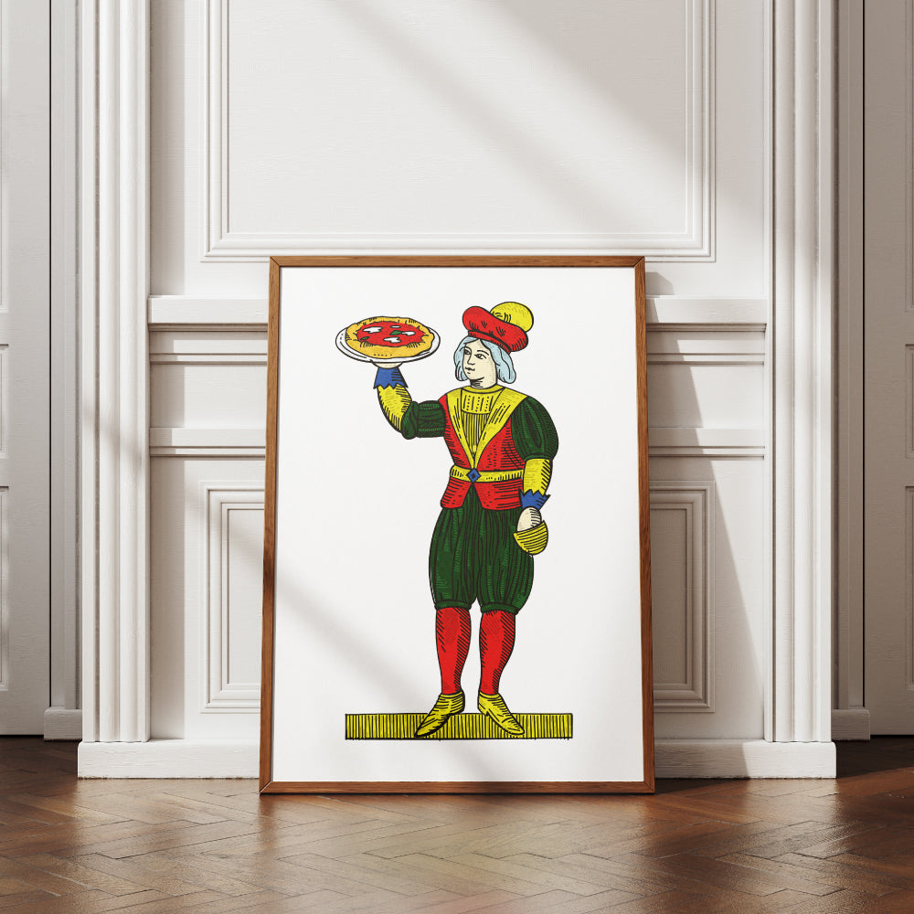 Rivisitazione illustrata dell 8 di denari delle carte napoletane Modiano, con figura femminile che regge una pizza.