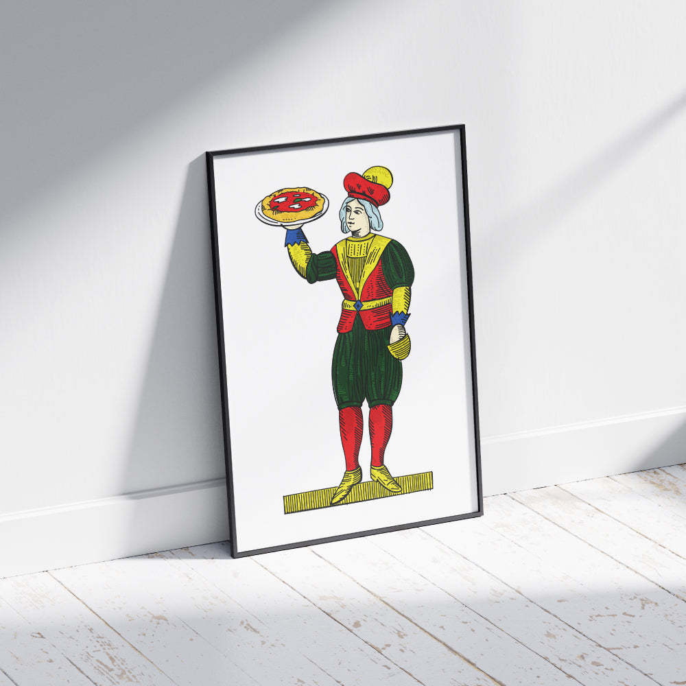 Rivisitazione illustrata dell 8 di denari delle carte napoletane Modiano, con figura femminile che regge una pizza.