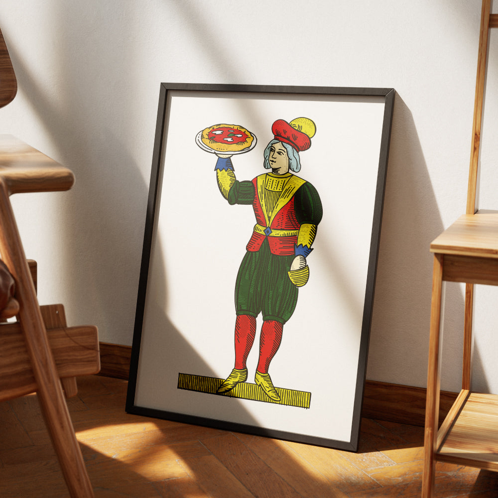 Rivisitazione illustrata dell 8 di denari delle carte napoletane Modiano, con figura femminile che regge una pizza.