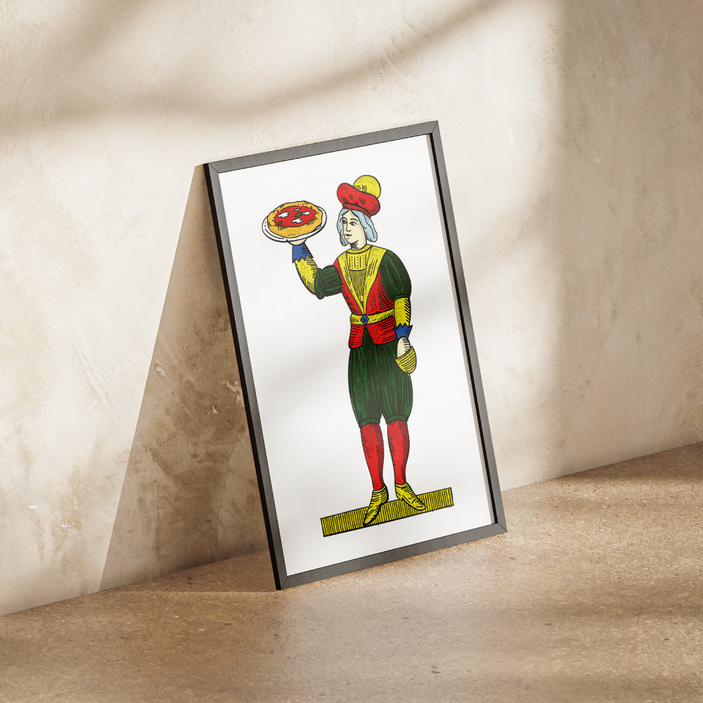 Rivisitazione illustrata dell 8 di denari delle carte napoletane Modiano, con figura femminile che regge una pizza.