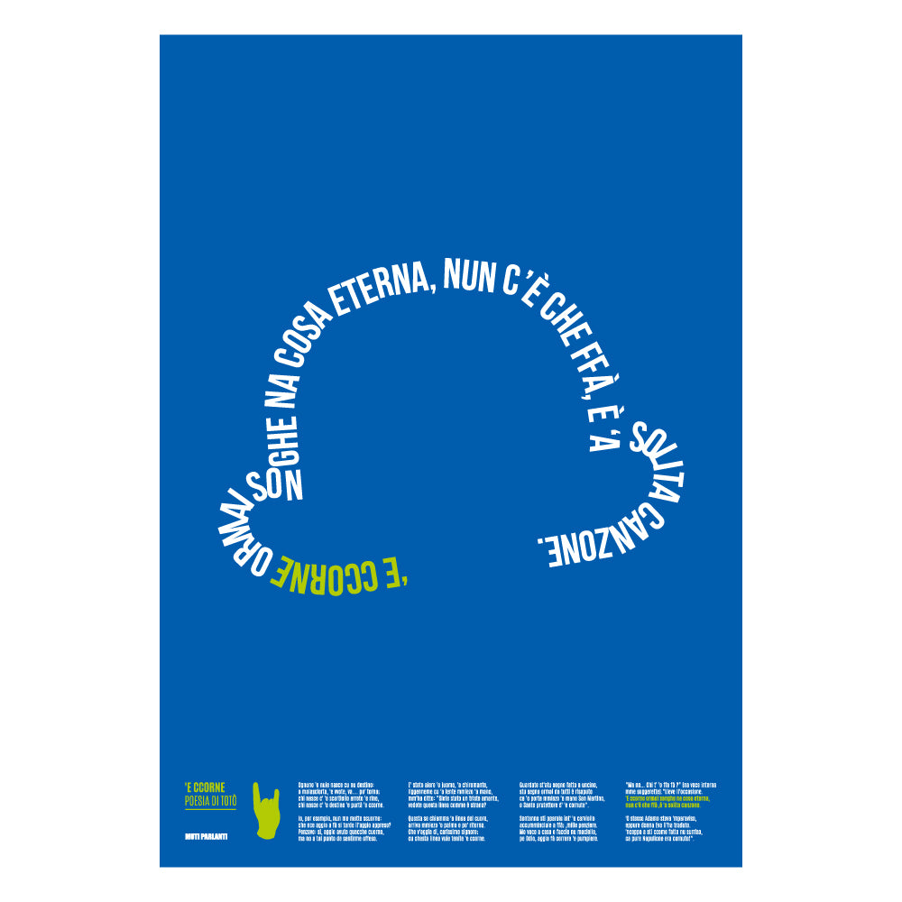 Poster tipografico dedicato a Toto Principe della Risata con la poesia E ccorne, design moderno su sfondo blu, ideale per arredamento e collezione d’arte napoletana.