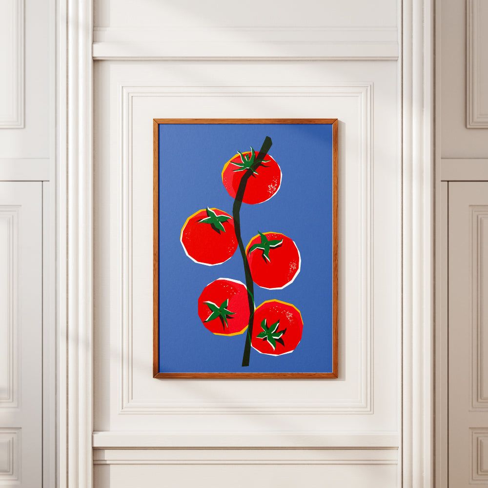 Poster artistico con ramo di Pomodorini del Piennolo del Vesuvio grafica pop su sfondo blu   omaggio alla tradizione napoletana.