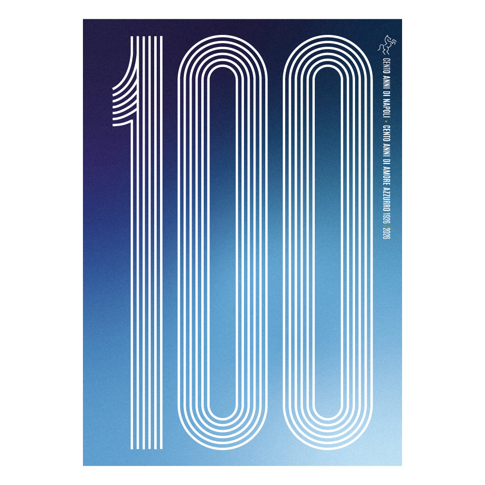 Poster minimal dedicato ai 100 anni del Calcio Napoli 1926 2026 con il numero 100 realizzato attraverso linee geometriche bianche su sfondo sfumato azzurro e blu Design moderno ed essenziale che celebra il Centenario del Napoli e l amore dei tifosi azzurri