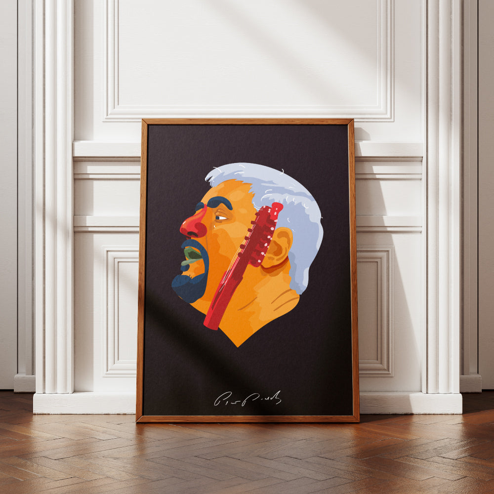 Poster artistico dedicato a Pino Daniele con ritratto illustrato e chitarra, ispirato alla sua musica, a Napoli e alla cultura partenopea.