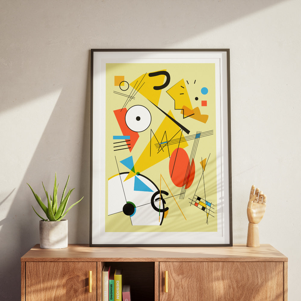 Poster artistico astratto ispirato a Maggie Simpson con forme geometriche e colori vivaci in stile Kandinsky  arte moderna pop