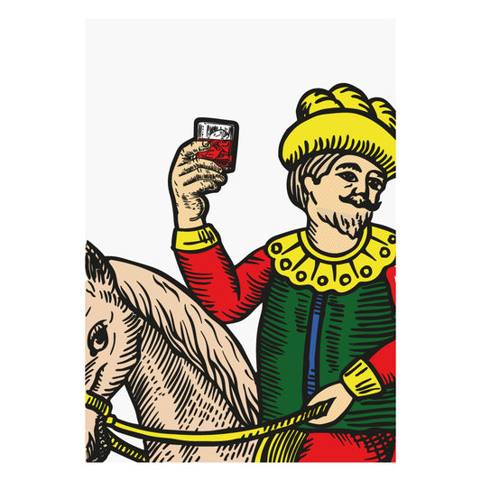 Cavallo di denari delle carte napoletane Modiano rivisitato con cavaliere che regge un bicchiere di negroni.
