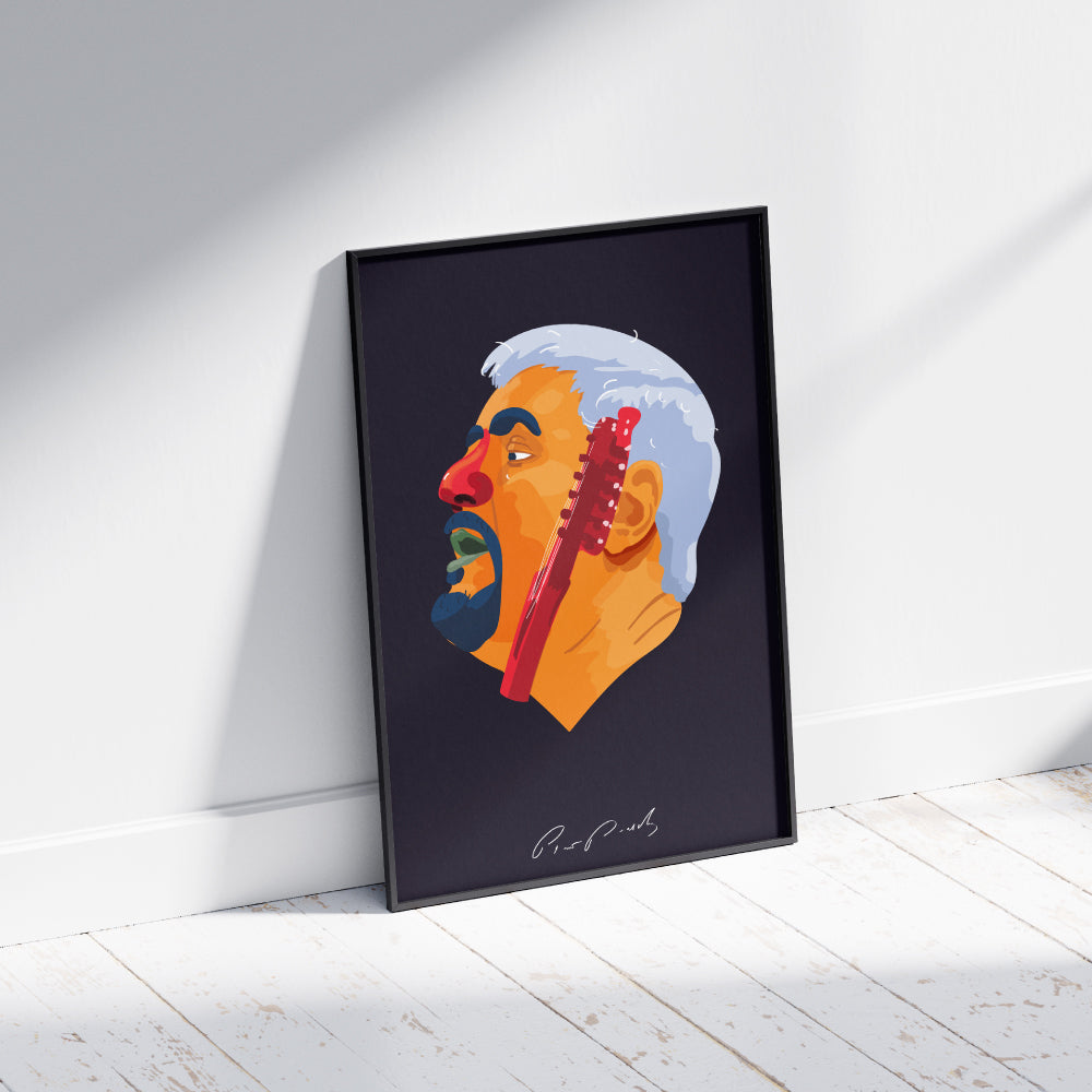 Poster artistico dedicato a Pino Daniele con ritratto illustrato e chitarra, ispirato alla sua musica, a Napoli e alla cultura partenopea.