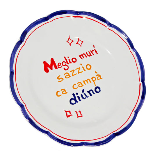 Piatto artigianale napoletano in terracotta smaltata con proverbio sul cibo e convivialita decorazione tavola fatta a mano