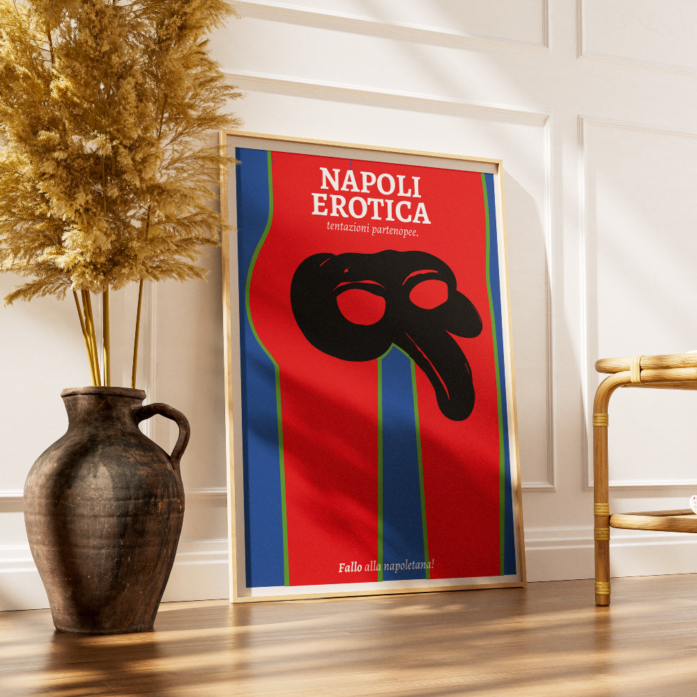 Napoli Erotica art poster featuring a stylized black Pulcinella mask on a red background with the phrase Fallo alla napoletana an ironic and provocative illustration inspired by Naples Neapolitan culture and visual double meanings.