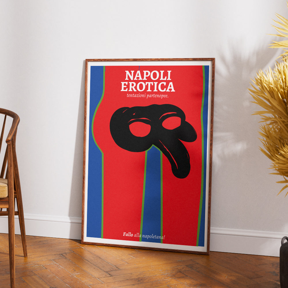 Napoli Erotica art poster featuring a stylized black Pulcinella mask on a red background with the phrase Fallo alla napoletana an ironic and provocative illustration inspired by Naples Neapolitan culture and visual double meanings.