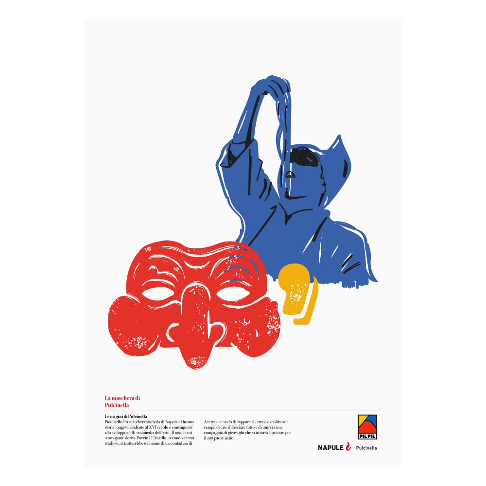 Poster Pulcinella napoletano in stile grafico moderno, illustrazione artistica contemporanea ispirata alla maschera tradizionale di Napoli stampa decorativa di design italiano.