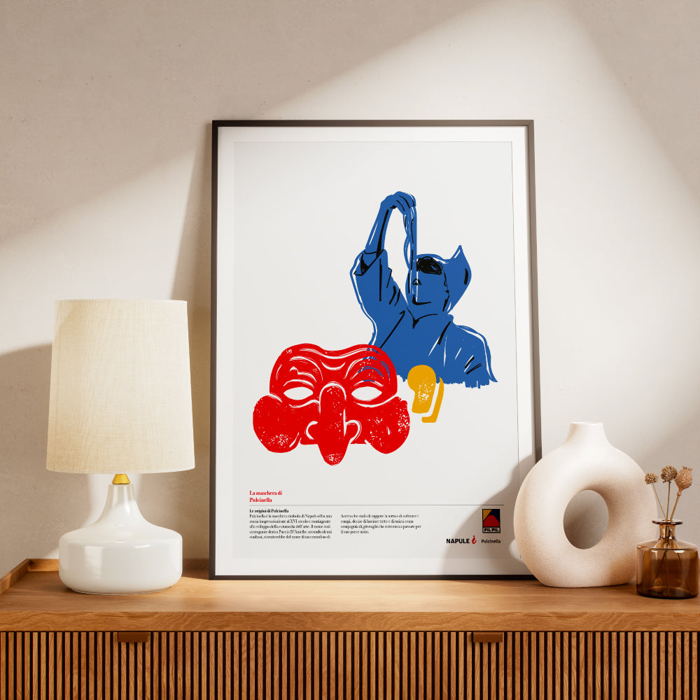 Poster Pulcinella napoletano in stile grafico moderno illustrazione artistica contemporanea ispirata alla maschera tradizionale di Napoli stampa decorativa di design italiano.