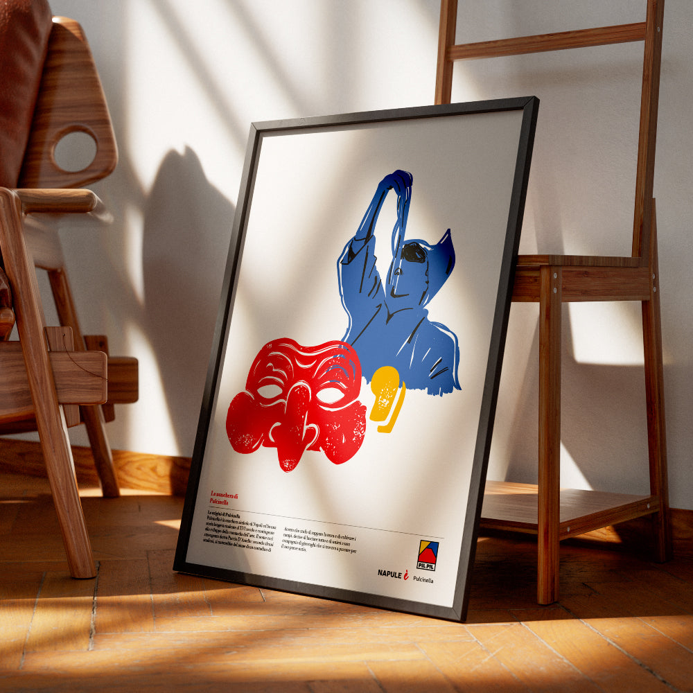 Poster Pulcinella napoletano in stile grafico moderno illustrazione artistica contemporanea ispirata alla maschera tradizionale di Napoli stampa decorativa di design italiano.